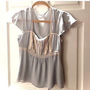 Cynthia Steffe Romantic Pale Blue Cottagecore Silk Chiffon & Lace Top  - 2